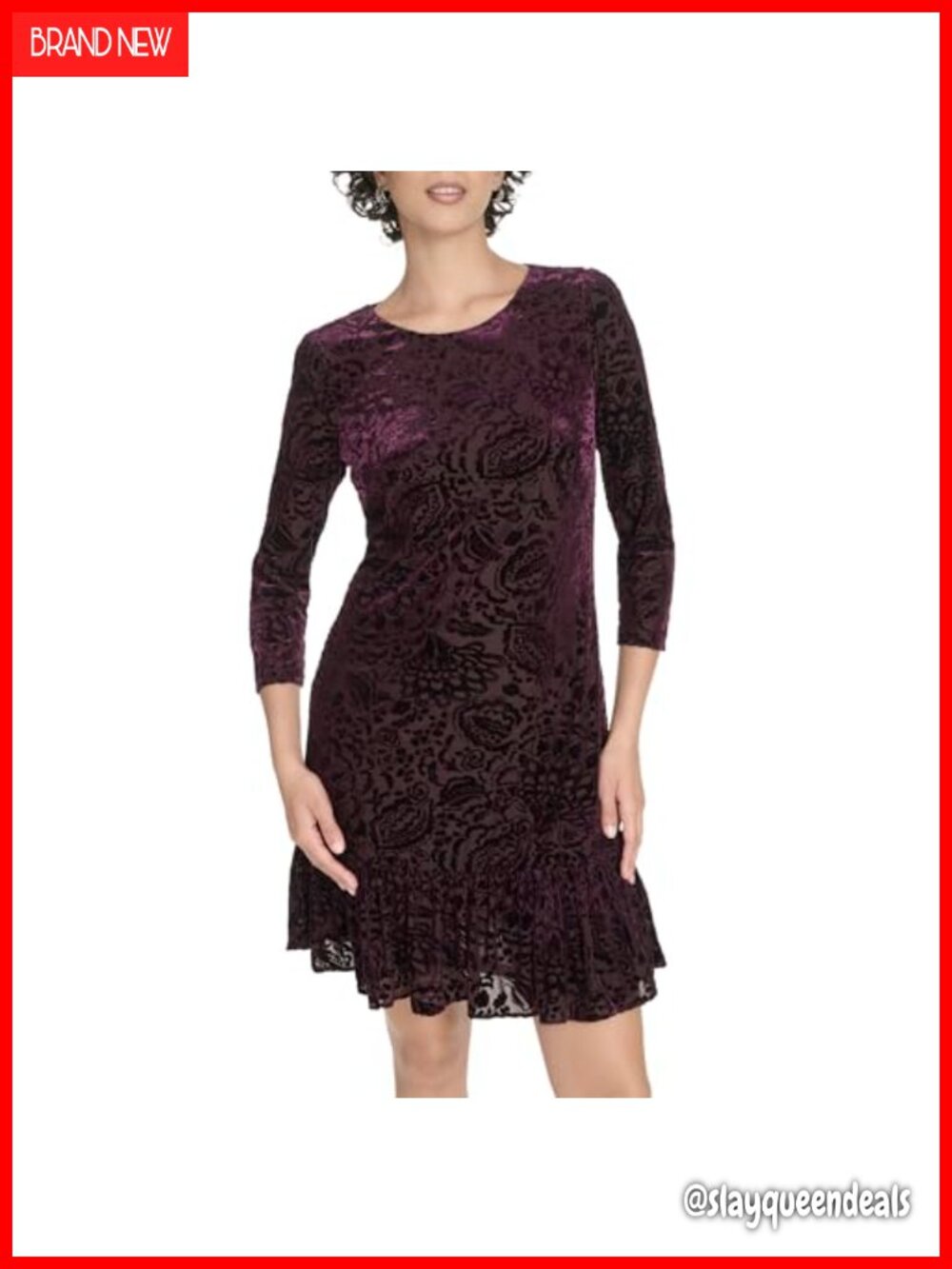 3/4 Sleeve Velvet Burnout Shift Mini Dress Double Ruffle Hem